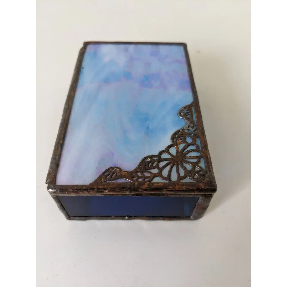 Vintage Stained Glass Brass Trinket Jewelry Box Blue With Mirrored Bottom Flower